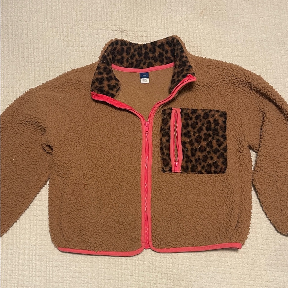 Old Navy Brown Fleece Jacket with Leopard Accent